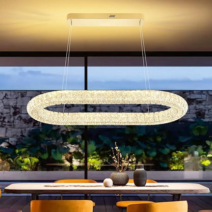 Led Ring Chandelier, Modern Linear Oval Chandelier for Dining Room 31.5in Gold Crystal Ring Pendant Light Dimmable 3000K-6000K