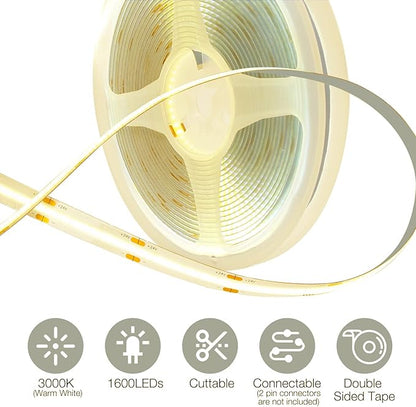 DAYBETTER COB LED Strip, 16.4 ft Warm White LED Strip Lights, Dimmable LED Light Strip 3000K, 24V, 1600LEDs, 2835 Flexible LED Lights for Bedroom, TV, Kitchen Cabinet, Closet