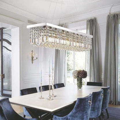 7PM Rectangle K9 Crystal Chandelier Modern Rectangular Pendant Light Fixture for Dining Room Kitchen Island Chrome L31.5 x W10 x H10