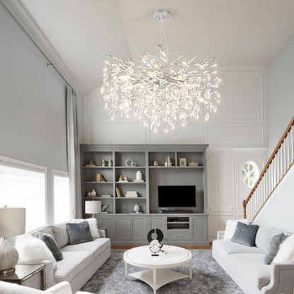 EGM 32-Inch Silver Tree Branch Chandelier for Living Room, Modern Crystal Chandelier for Bedroom, 10-Light Silver Crystal Chandeliers for Dining Room, Raindrop Leaf Chandeliers for Home Décor, E12