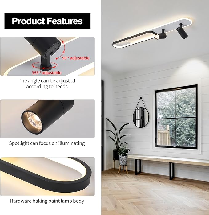 Modern LED Ceiling Light with 2 Spotlights 50W Black Linear Ceiling Light with Remote Control Dimmable (3000-6000k) 39.3Inch Room Ceiling Lamp for Living Room Bedroom Kitchen Laundry Hallway