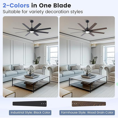 Newday 62 inch Large Ceiling Fans with Lights and Remote, Indoor/Outdoor Black Modern Ceiling Fan for Kitchen Living Room Patio, 6 Speed Reversible Quiet DC Motor, 3 CCT, Dual Finish 8 Blades
