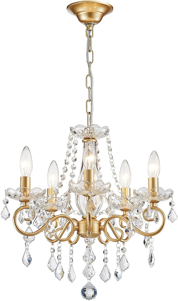 Mini Crystal Chandelier, Golden Crystal Lighting,5-Light Modern Chandelier for Living Room Kitchen Island Entryway Bedroom