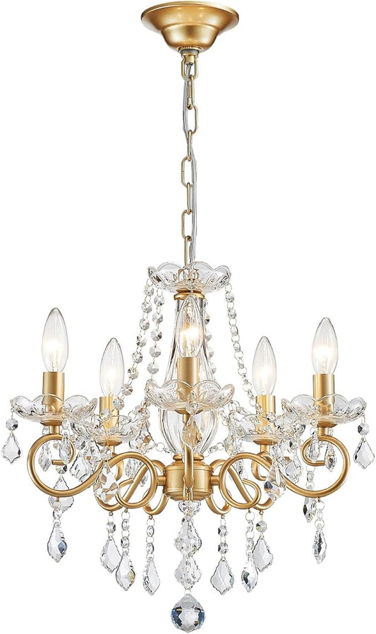 Mini Crystal Chandelier, Golden Crystal Lighting,5-Light Modern Chandelier for Living Room Kitchen Island Entryway Bedroom
