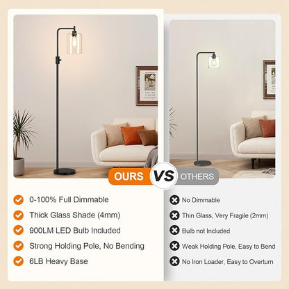 【Upgraded】Dimmable Floor Lamp for Living Room with Glass Shade, Black Modern Industrial Floor Lamp with 900LM LED Bulb Included, Bright Standing Tall Lamp for Bedroom, Office, Reading Room, Corner