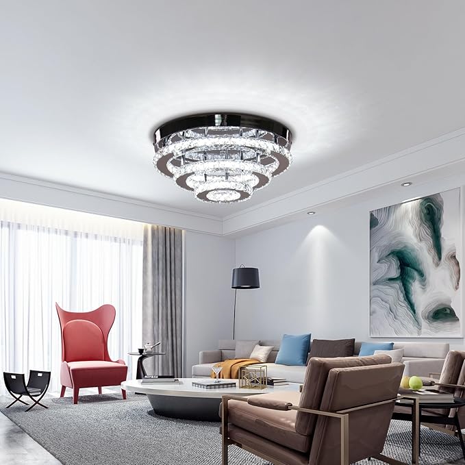 Modern Crystal Ceiling Light, 13.7" 3-Tier Round LED Flush Mount Chandelier, 42W Integrated LED, 6000K Cool White, Non-Dimmable Ceiling Lamp for Bedroom, Hallway, Entryway
