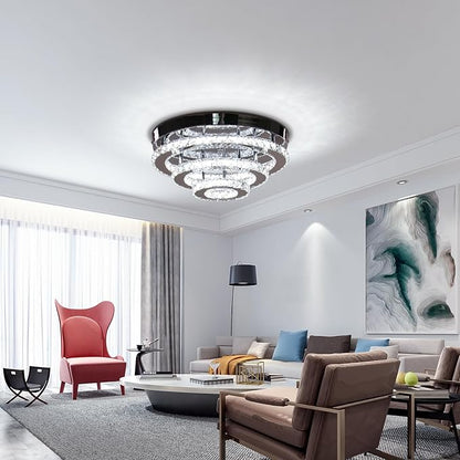 Modern Crystal Ceiling Light, 13.7" 3-Tier Round LED Flush Mount Chandelier, 42W Integrated LED, 6000K Cool White, Non-Dimmable Ceiling Lamp for Bedroom, Hallway, Entryway