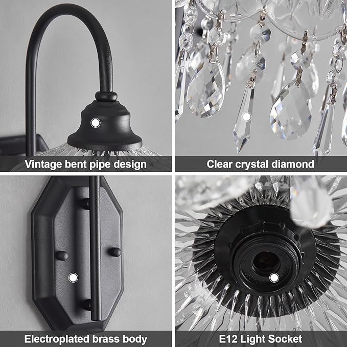 2-Pack Vintage Wall Sconce,Glass Crystal Wall Sconce,Matte Brushed Antique Black Finish Set of Two for Bedroom Bathroom Hallway Living Room Decor