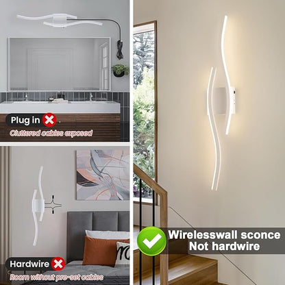 Modern LED Wall Sconce Set of Two, Dimmable Battery Powered Wall Sconces, 3000K-6500K LED Wireless Wall Light with Remote, Wall Lamp Indoor not Hardwired for Room Bedroom Corridor（White）