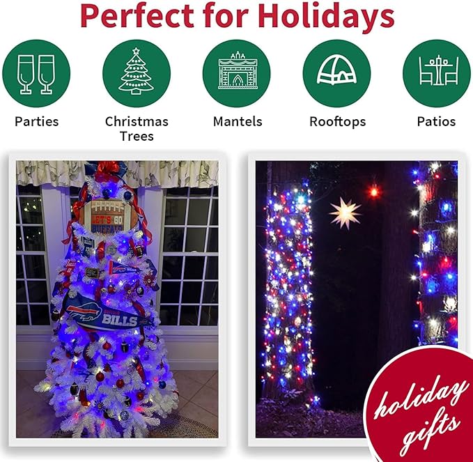 LAMPHOME Red White Blue String Lights, 63.8Ft 300 White Wire Fairy Lights, 4th of July Patriotic Lights, Memorial Day Outdoor Fairy Lights for Independence Day Patriotic Decor