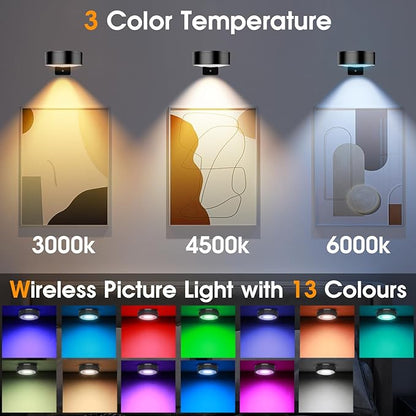 RGB Picture Light Battery Operated Painting Lights for Wall Wireless Magnetic Display Art Light with Remote Controls,Dimmable&Timer for Art Frame Artworking,6Pack Black