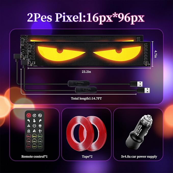 Devil Eyes Light 2PC for Windshield-23.42x4.72IN LETOUR Programmable LED Eyes [Advanced Chip, 100% Synced Dual Screen] 5V USB Powered, App/Remote Control, Windshield Eyes Animated for Cars/Trucks/SUVs