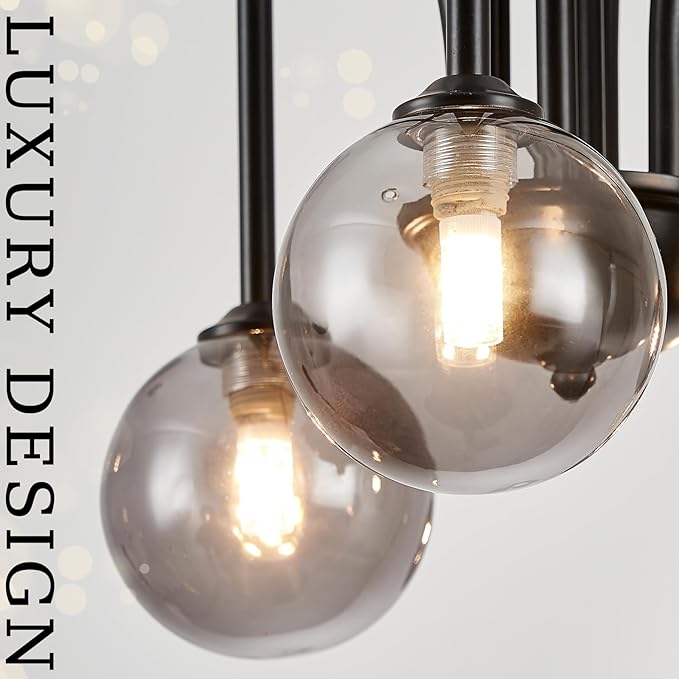 CATINER Modern Black Chandelier 12 Lights Sputnik Chandelier Large L52” Mid Century Ceiling Pendant Light Fixtures with Smoke Glass Globe Shades for High Ceiling Living Dining Room Foyer Staircase