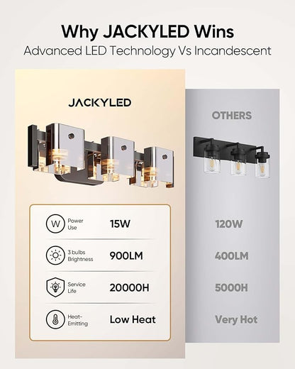 JACKYLED Bathroom Light Fixture, Modern 3-Light Vanity Lights with Art Glass Shades, 3 Color Temperatures LED Bathroom Lighting Fixture Over Mirror, 15W 900 Lumen 30° Adjustable, Ash Gray Glass