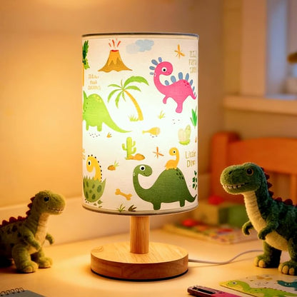 Dinosaur Lamp, Dinosaur Room Decor for Kids Bedroom, 3 Color Dimmable Reading Bedside/Desk Nightlight with Linen Shade and Wood Base for Bedroom Living Room, Practical Gifts for Dino Fans Boys