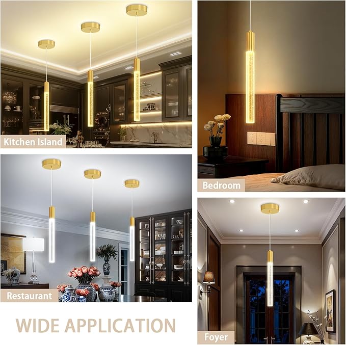 Modern Gold Crystal Column Pendant Light, Dimmable LED Chandelier, Adjustable Hanging Pendant Lighting for Kitchen Island