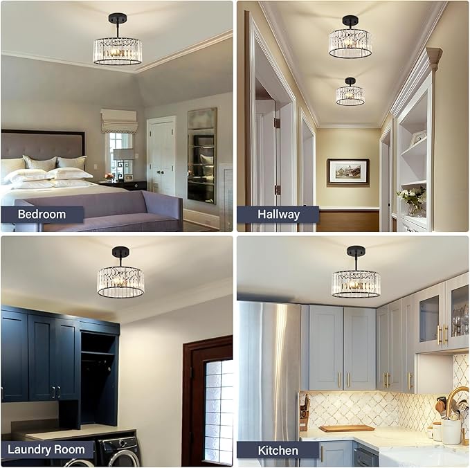 YURNYQ Black Crystal Chandelier, Small Modern Semi Flush Mount Ceiling Chandelier Light Fixtures, Round Hanging Lighting Fixture for Kitchen Bedroom Hallway Entryway Laundry Room, 3-Light, 11.8 Inch