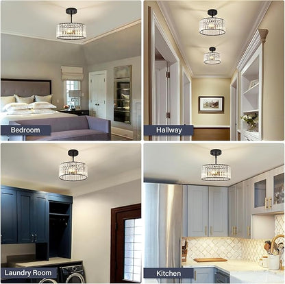 YURNYQ Black Crystal Chandelier, Small Modern Semi Flush Mount Ceiling Chandelier Light Fixtures, Round Hanging Lighting Fixture for Kitchen Bedroom Hallway Entryway Laundry Room, 3-Light, 11.8 Inch