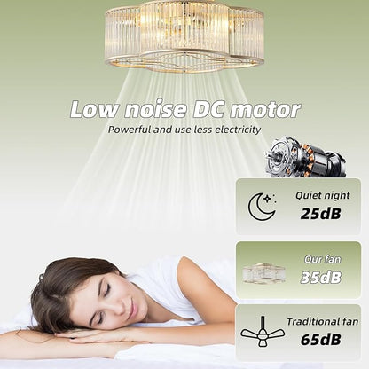 20" Gold Crystal Ceiling Fan with Light, Crystal Flush Mount Ceiling Fan with Light Remote Control, Caged Enclosed with 6 Speeds for Bedroom, Living Room, Foyer, Nursery (Clear)