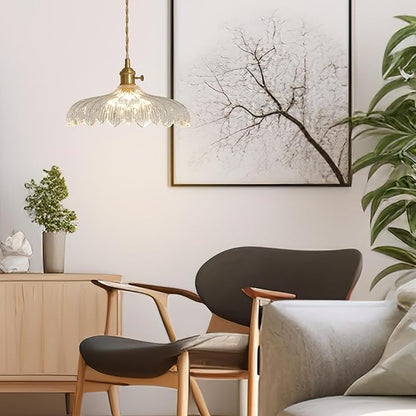 Pendant Lights, 11.8 Inch Hanging Lamp Adjustable 6.5Ft Cord Hanging Lamp Clear Flower Glass Shade Pendant Light Fixture Hanging Pendant Lights for Bedroom