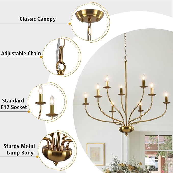 Gold Chandelier Light Fixture 9 Light Brass Chandelier for Dining Room, 30” Large Chandeliers for High Ceilings, Industrial Candle Farmhouse Chandelier for Living Room Kitchen Bedroom Entryway
