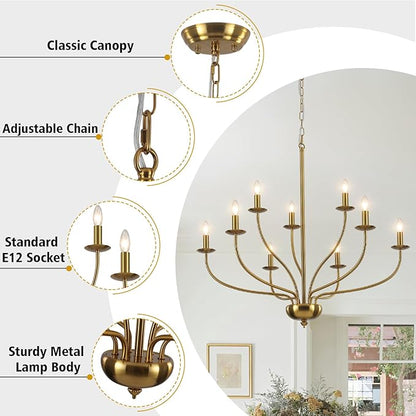 Gold Chandelier Light Fixture 9 Light Brass Chandelier for Dining Room, 30” Large Chandeliers for High Ceilings, Industrial Candle Farmhouse Chandelier for Living Room Kitchen Bedroom Entryway