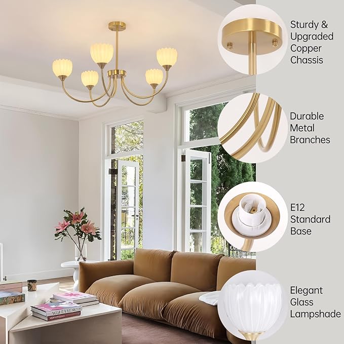 Shenmoyl 30.31" Brass Gold Chandelier, 5-Light Chandelier Light with White Tulip Glass Lampshade, Height Adjustable Vintage Chandeliers for Dining Room Living Room Kitchen Island