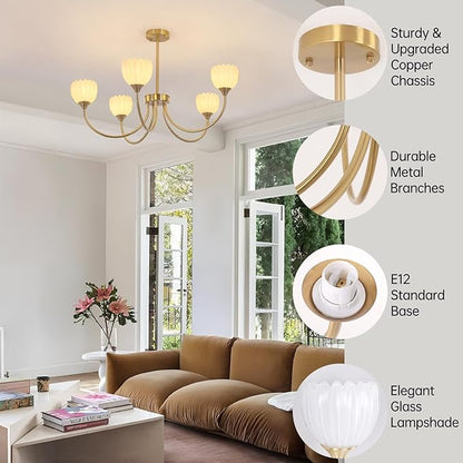 Shenmoyl 30.31" Brass Gold Chandelier, 5-Light Chandelier Light with White Tulip Glass Lampshade, Height Adjustable Vintage Chandeliers for Dining Room Living Room Kitchen Island