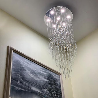 6-Light Flush Mount High Ceiling Chandelier, Modern Raindrop Crystal Chandeliers Pendant Light Foyer Chandelier Ceiling Led15.7 x 47.2 of CRYSTOP