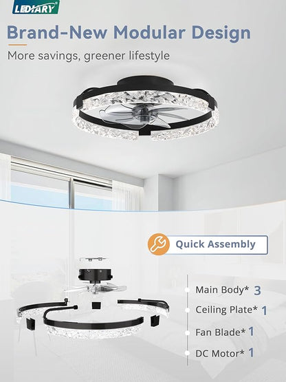 LEDIARY 20 Inch Low Profile Ceiling Fans with Lights and Remote, Fandelier Ceiling Fan Flush Mount, 3000K-6000K Dimmable LED Fan Light, Black Modern Ceiling Fans with Lights for Bedroom
