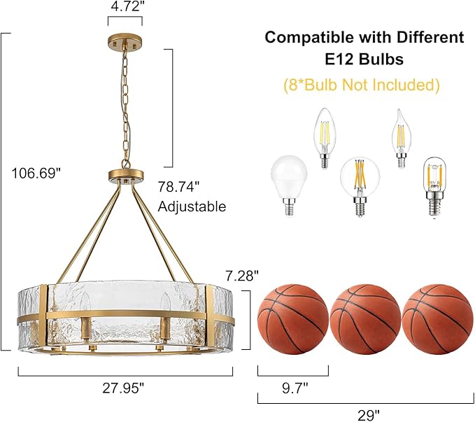Gold Glass Chandelier for Dining Room, 28" Modern Large Glass Drum Chandelier Entryway Light Fixture, Farmhouse Hanging Pendant Light for High Ceiling Foyer Living Room Kitchen