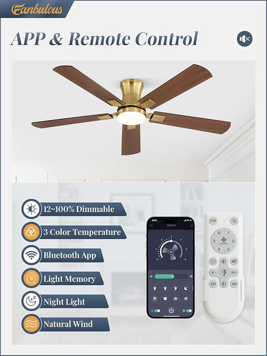 Fanbulous 52 inch ceiling fan with light, Low Profile Ceiling Fan with Light, App&Remote Control, Dimmable LED Light, Flush Mount Ceiling Fan for Indoor Bedroom Living Room, Qiuet DC Motor