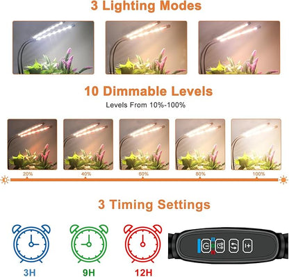 SDOVUERC 4 Heads Grow Lights for Indoor Plants, Full Spectrum LED Plant Lamps with Clips and 120 inch Cables for Seeding Growing(with Adapter)