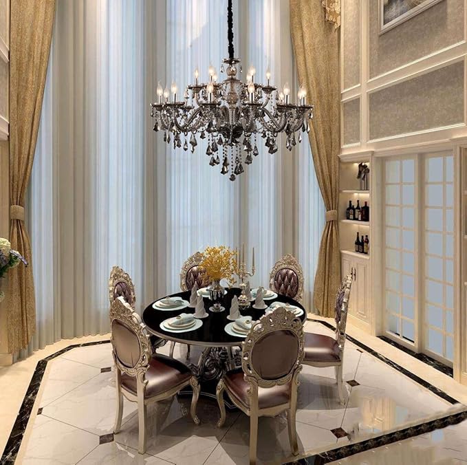 Modern Luxury K9 Crystal Chandelier 18 Light Large Smoky Gray Crystal Chandelier Lighting 39.5" E12 Crystal Pendant Light Fixtures for Living Room, Stair,Store (Double Layer 12+6 Lights)