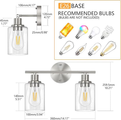 FOLKSMATE Bathroom Light Fixtures, 2-Light Brushed Nickel Vanity Light, Silver Wall Sconce Lighting, Modern Bath Wall Mounted Lighting with Glass Shade, Porch Lamp for Living Room, Bedroom, Hallway