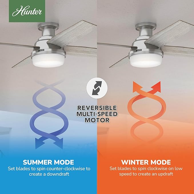 Hunter 52 inch Indoor Ceiling Fan with LED Light and Remote Control- Modern Ceiling Fan, Low Profile Mount, 4 Light Gray Oak Blades, For Bedroom, Living Room, or Kitchen- Dempsey 50283, Brushed Nickel