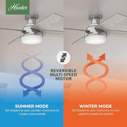 Hunter 52 inch Indoor Ceiling Fan with LED Light and Remote Control- Modern Ceiling Fan, Low Profile Mount, 4 Light Gray Oak Blades, For Bedroom, Living Room, or Kitchen- Dempsey 50283, Brushed Nickel