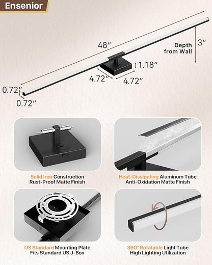 Ensenior Modern Bathroom Vanity Light 48 inch, Built-in Dimmer, 28W Dimmable 5CCT Led Bath Lights, Black Bar Vanity Lights for Bathroom Mirror Cabinets Bedroom-FCC & ETL Certificated