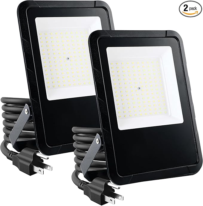 Simple Deluxe 2 Pack LED Flood Lights Outdoor, 100W 10000LM Super Bright Outside Work Light with Plug, IP65 Waterproof, 6500K Floodlight for Garage, Yard, Lawn