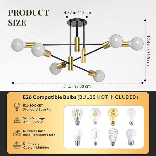 Modern Sputnik Chandelier Ceiling Light Fixtures, 6-Lights Mid Century Industrial Metal Semi Flush Mount Lamp for Bedroom Dining Room Living Room Kitchen Hallway Office-Black and Gold