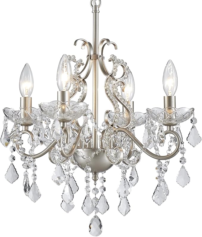 Crystal Chandelier Light Fixture, Modern K9 Crystal Chandeliers for Dining Room 4-Lights Nickel Pendant Ceiling Light Fixture for Entryway Kitchen Island Bathroom Bedroom Living Room, H 21" x W 17.7"