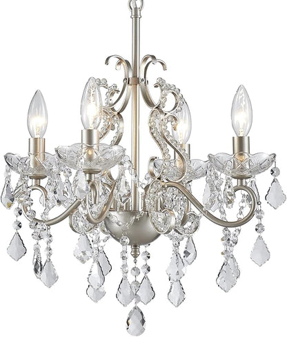 Crystal Chandelier Light Fixture, Modern K9 Crystal Chandeliers for Dining Room 4-Lights Nickel Pendant Ceiling Light Fixture for Entryway Kitchen Island Bathroom Bedroom Living Room, H 21" x W 17.7"