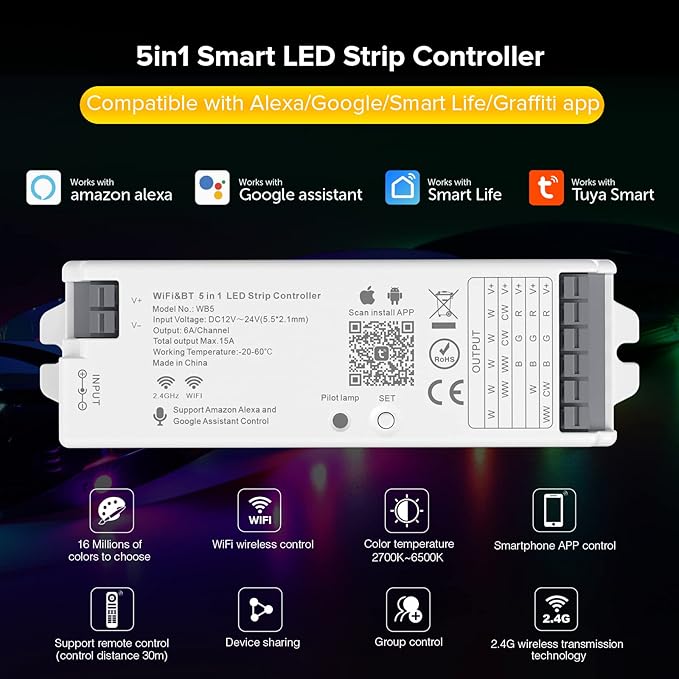 SEZO WB5 5in1 Tuya WiFi 2.4GHz PWM LED Controller for Dimming RGB RGBCCT RGBW LED Strip Compatible with Alexa/Google Home/Tuya Smart Life APP Control DC12-24V Work with RC03RF RC04RF RC01RF etc