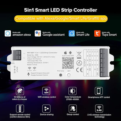 SEZO WB5 5in1 Tuya WiFi 2.4GHz PWM LED Controller for Dimming RGB RGBCCT RGBW LED Strip Compatible with Alexa/Google Home/Tuya Smart Life APP Control DC12-24V Work with RC03RF RC04RF RC01RF etc