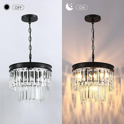 MEXO Crystal Chandelier Lighting Fixture Black Finish, 2-Tier Crystal Hanging Chandelier Lights for Living Room Bedroom Dinning Room Hallway