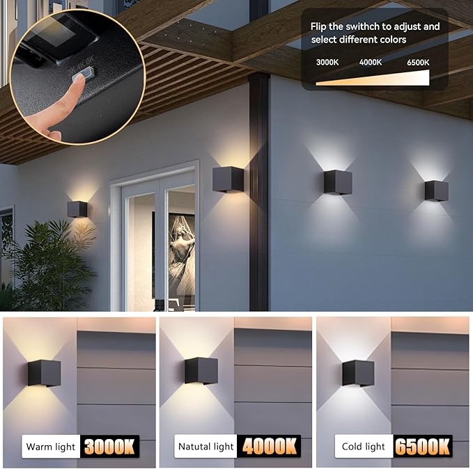 2 Pack LED Outdoor Wall Sconces Exterior/Interior,Modern Black Square Aluminum Wall Light Fixture Set,Variable Beam IP65 Waterproof Lights.15W 3-Color-Changeable Up and Down Outdoor Lighting Fixtures.