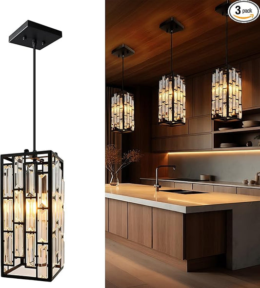 Black Crystal Pendant Lights for Kitchen Island, 3 Pack Modern Mini Hanging Light Fixtures with Adjustable Cord, E26 Ceiling Pendant Lighting for Dining Room, Entryway, Hallway, Bar
