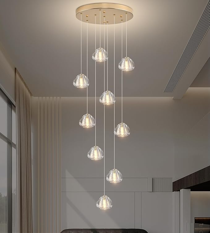 Modern Crystal Chandelier 9-Lights High Ceiling Raindrop Chandelier, Gold LED Round Indoor Lighting Fixture for Foyer Staircase Living Room