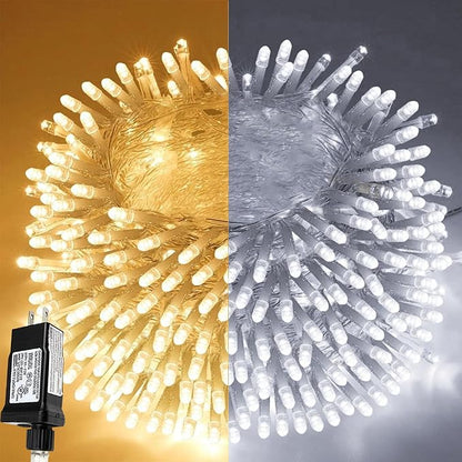 Warm White to Cool White Color Changing 300 LED 115FT Christmas String Lights for Outdoor&Indoor, 8 Modes Christmas Decorations Clear Wire Fairy Waterproof Lights with Memory Function & Remote & Timer