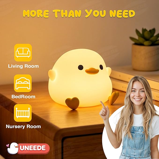 UNEEDE LED Cute Bean Duck Night Light, DoDo Duck Silicone Nursery Night Light Squishy Dimmable Rechargeable Table Bedside Lamp with Touch Sensor for Bedrooms, Living Room Unique Dorm Decor Gift Toy